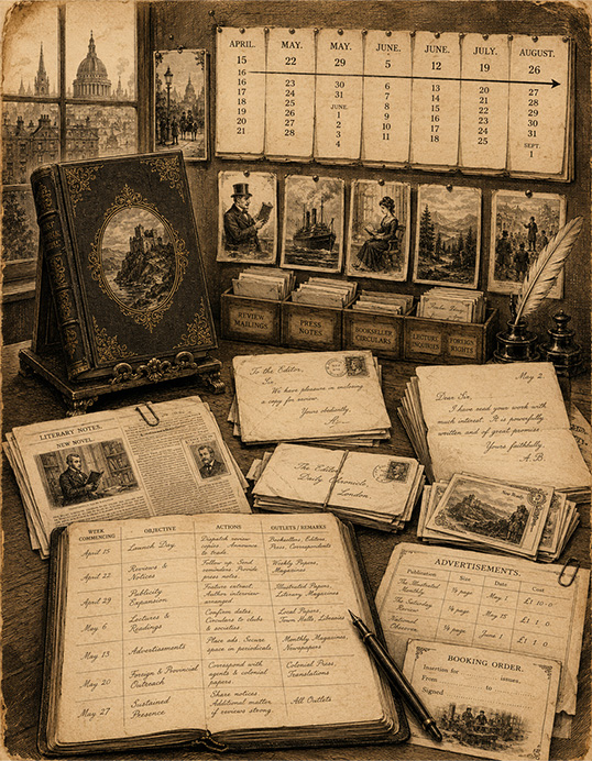 A vintage engraving of a campaign desk with a review calendar, press clippings, mailing outreach notes and a booking order ledger
